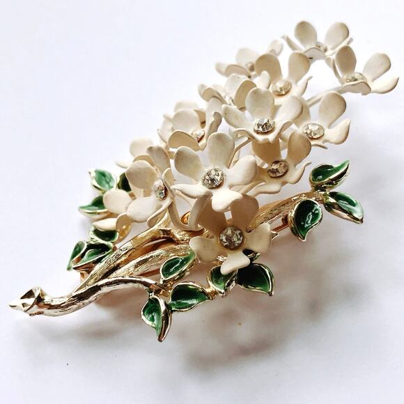 VTG Mid Century Enamel Dogwood Brooch Rhinestones Flowers Gold Tone Floral Pin - Picture 6 of 10